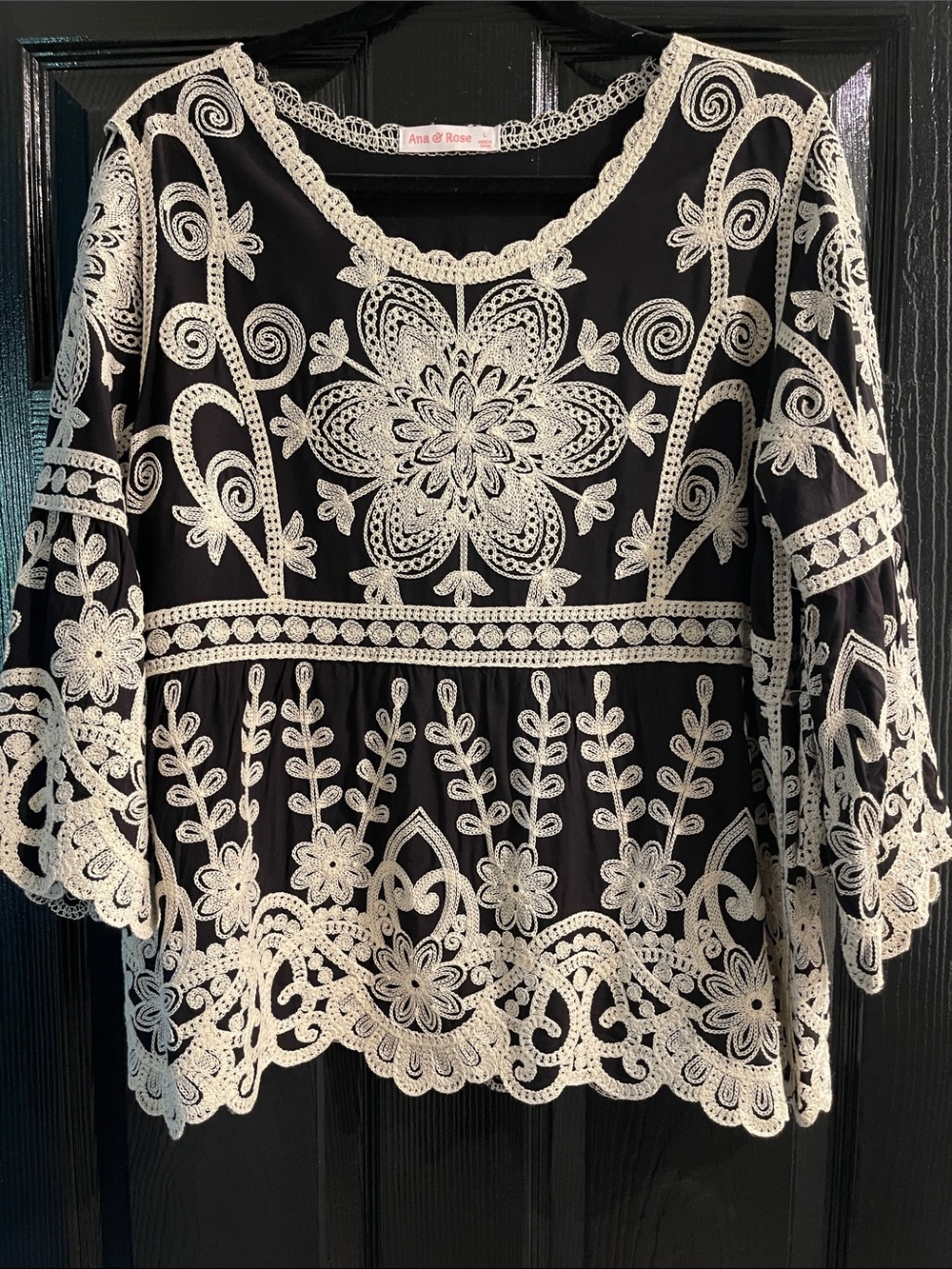 Ana & Rose Black Lace-Embroidered Peasant Top